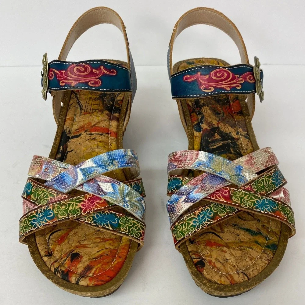 NEW, L'Artiste Spring Step, Audrie Blum Floral Leather Cork Wedge Sandal Size 39